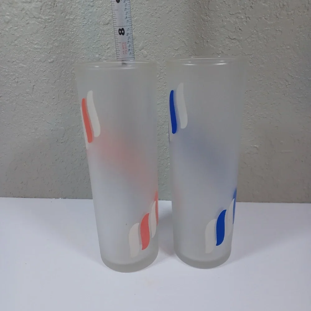 2‎ Libbey Frosted Tom Collins Glasses Blue Red Candy Stripes 12 OZS